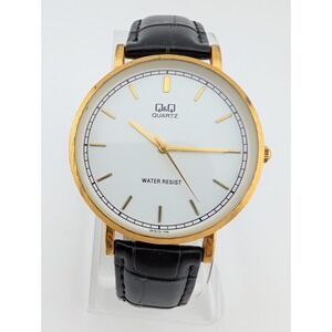 Q&Q Watch Men 39mm Gold Case Black Croc Faux Leather Band- New Battery